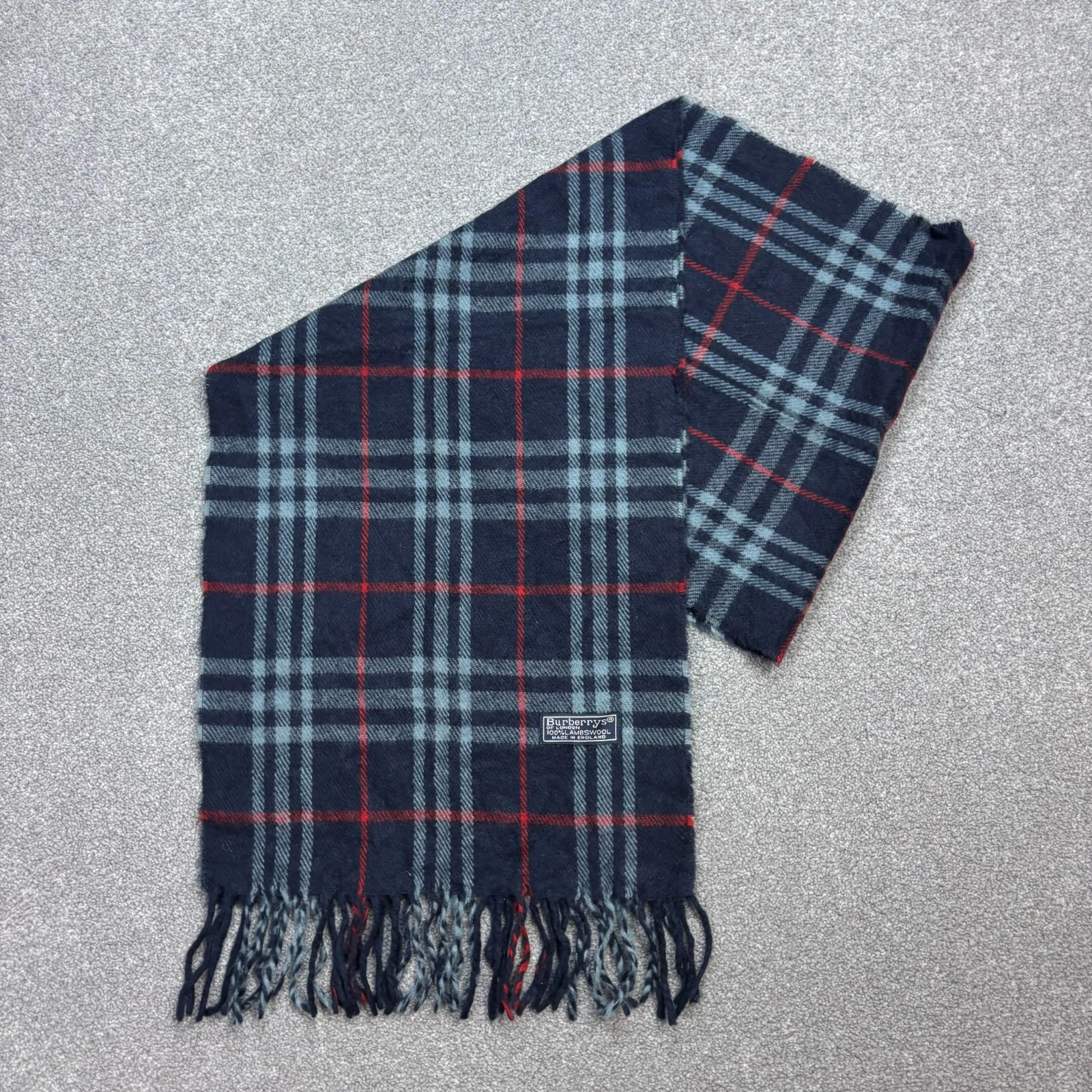 Burberry London Scarf 58x12 Inches Blue Nova Check 100% Lambswool Made England