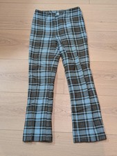VTG Plaid Wool Pants Womens Small Blue Brown Tweed Flare Dressy Casual 70sWinter