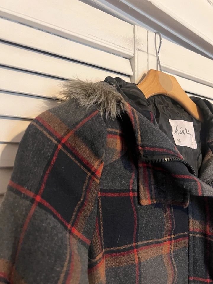 Abrigo Chaqueta KIRRA Mujer Talla Mediana M Cremallera Completa Capucha Mezcla de Lana a Cuadros Foto 3 de 4