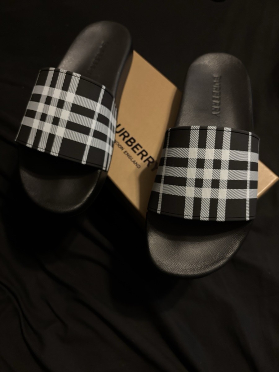 Burberry Check Plaid Slide Sandals Black White Flat Women  display picture 1