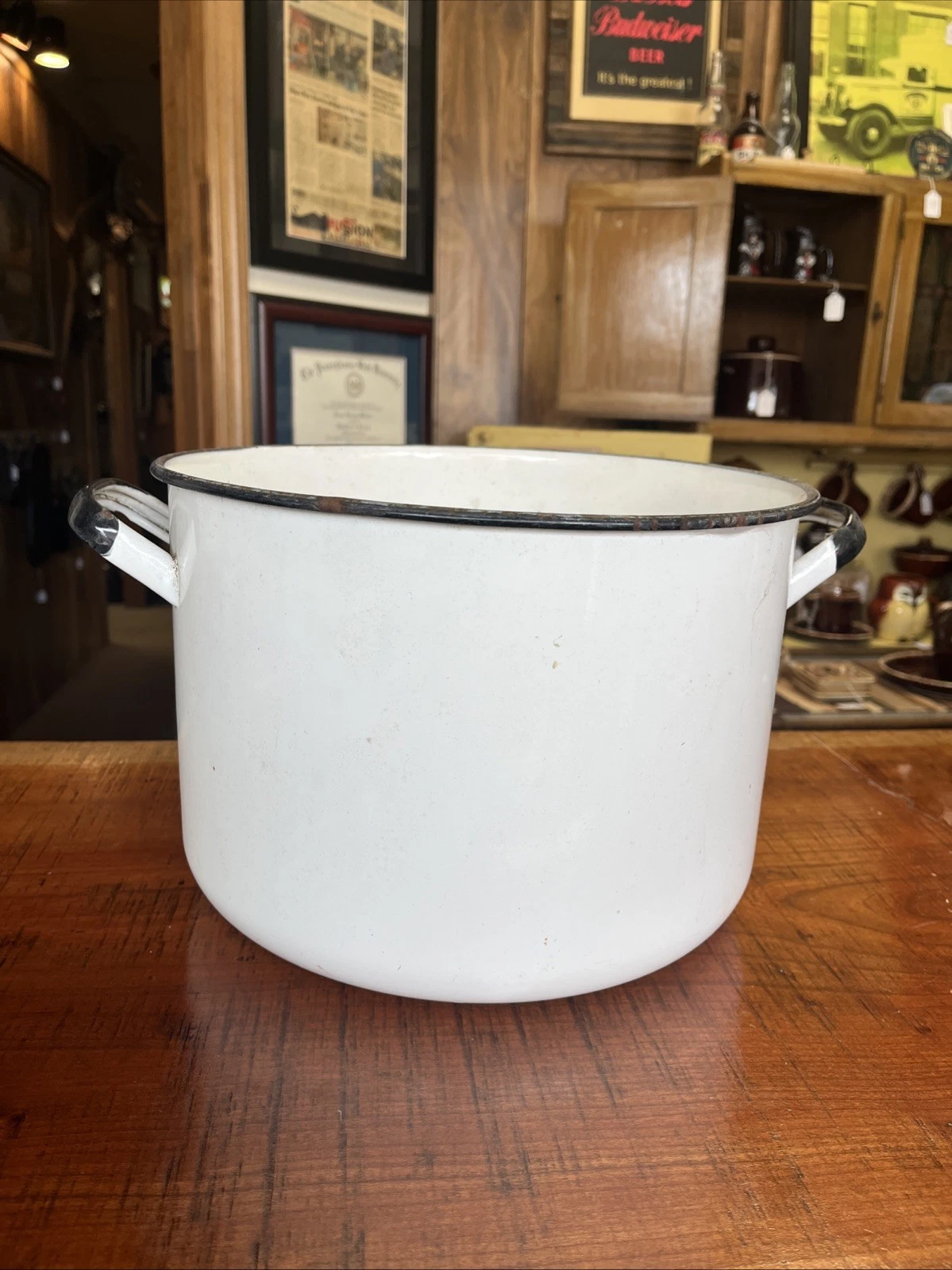 Vintage White With Black Trim Enamelware Stockpot *No Lid