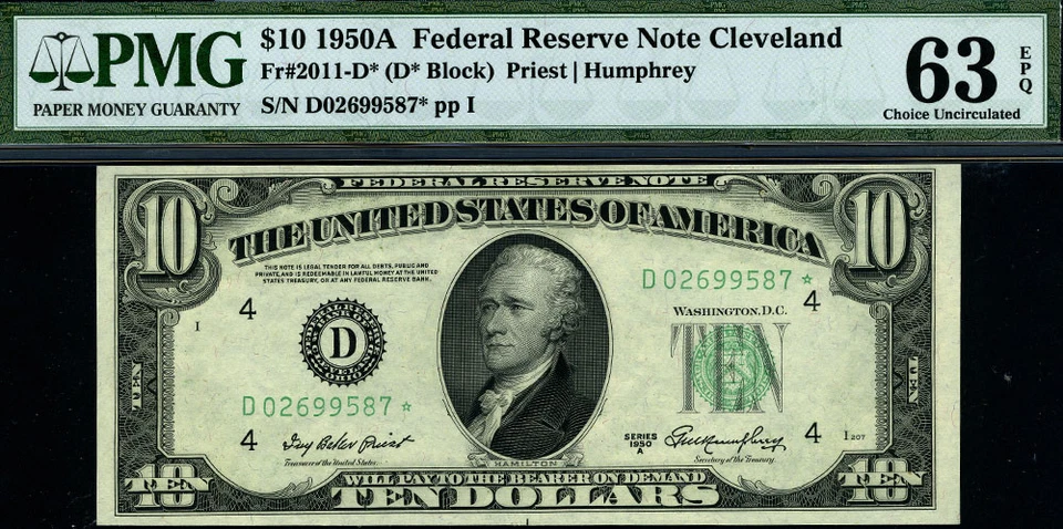 FR. 2011 D* $10 1950-A Federal Reserve Note Cleveland D-* Block Choice PMG CU63 - Image 2 of 3