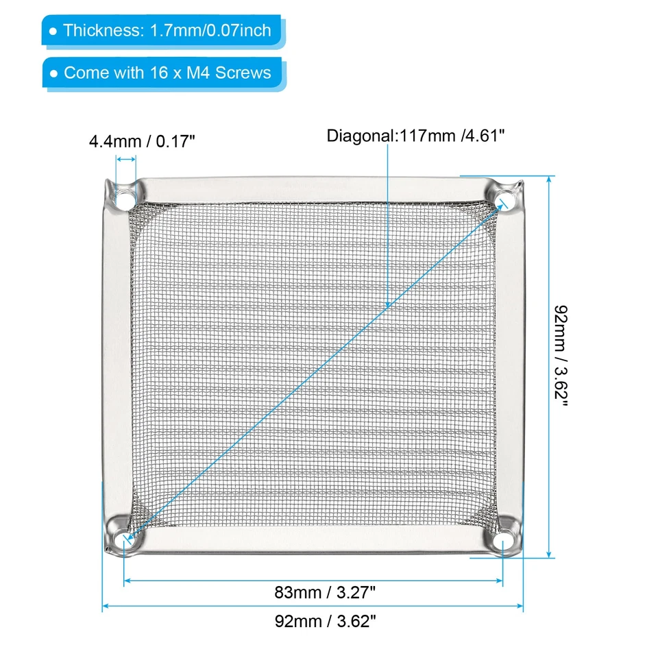 92mm Lüfter Filter Gitter mit Schrauben 4Pack Rahmen Netz Abdeckung Silber - Bild 2 von 4