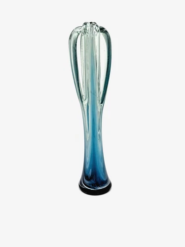 VTG Murano Style Ribbed Swung Glass Vase Blue Tall Slender