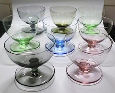 8 HARLEQUIN DEPRESSION GLASS ICE-CREAM SUNDAE DISHES~PINK~BLUE~GREEN~SMOKEY