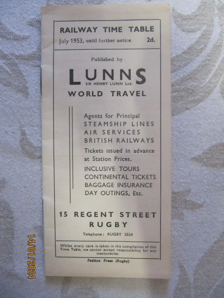 Railway Time Table July 1953 Rugby to all locations. - Image 1 of 1