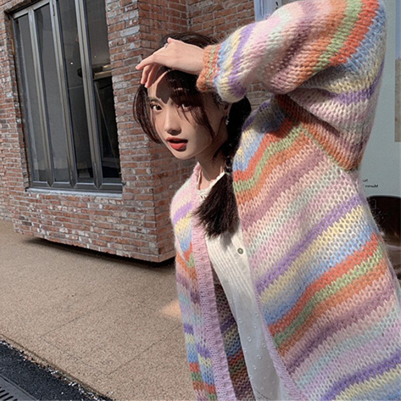 Women Rainbow Striped Cardigan Sweater Jumper Knitwear Multicolor
