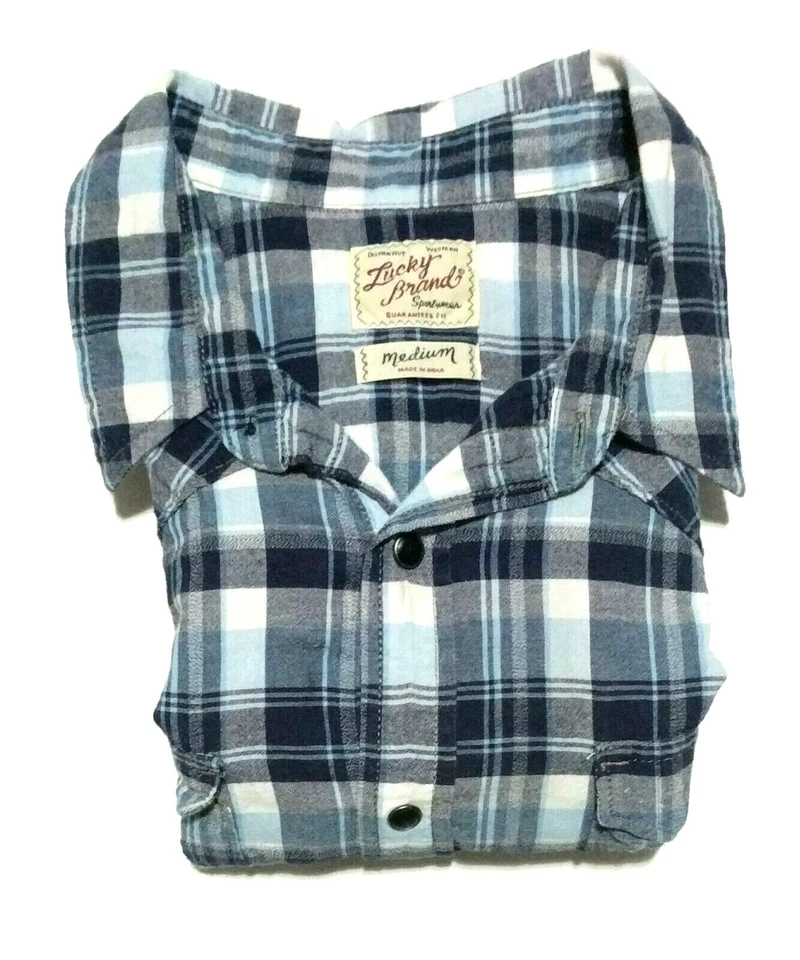 Camisa Western Lucky Brand Negra a Presión Para Hombres M Manga Corta Rockabilly Cuadros Usada en Excelente Condición Foto 3 de 3