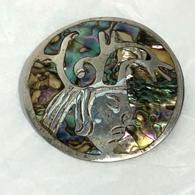 VINTAGE Signed MEXICO RPG 925 Warrior Abalone Inlay Pin STERLING SILVER Pendant
