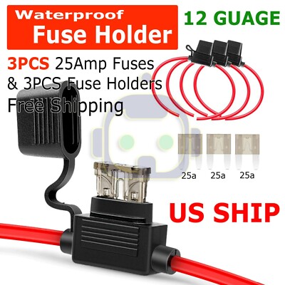3 Pack 12 Gauge Mini ATC 25A Fuse Holder In Line AWG Wire Copper 12 Volt Blades