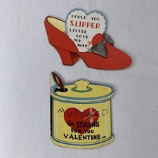 VTG 1940s Valentines (2) Mustard Slipper Greeting Card WWII Era Used Folded USA