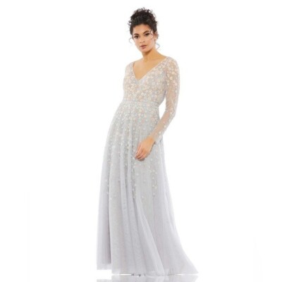 Mac Duggal 9131 Embellished Wrap Over Illusion A Line Gown Beaded Floral 12 NWT