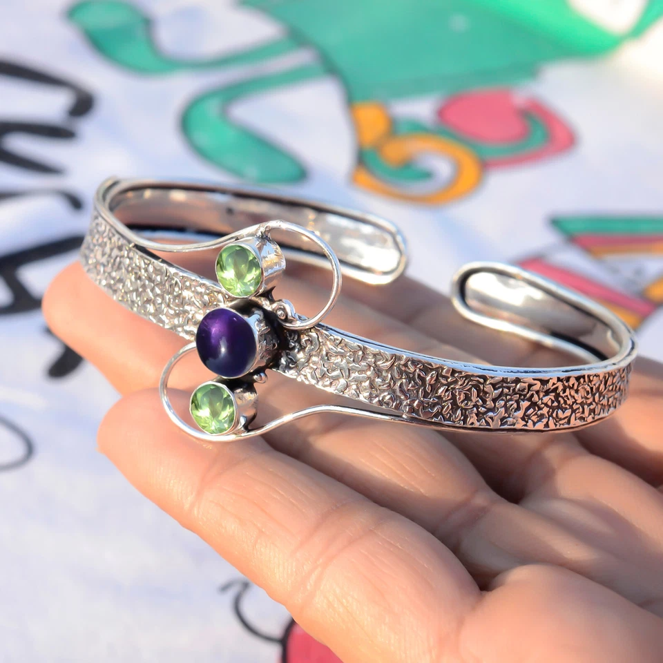 Runder Amethyst & Peridot Schliff Edelstein 925 Sterling Silber Charming Armr... - Bild 4 von 4