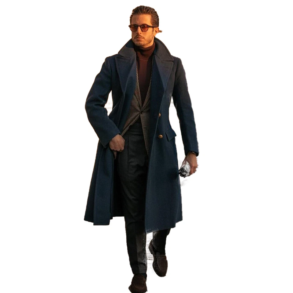 Men Long Overcoat Tweed Navy Blue Wool Blend Coat Winter Business Outwear Custom - Image 2 of 4