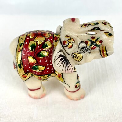3 in Carved Marble Elephant Hand Painted Gold Raised Trunk Stocking Stuffer