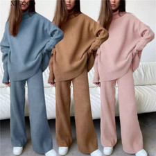 High Quality Winter Women Loose Hooded Sweater Two Piece Knitted Sets Tracksuit