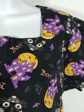 Tafford Womens Small Scrub Top Black Cat Haunted House Boo Halloween Tie Back