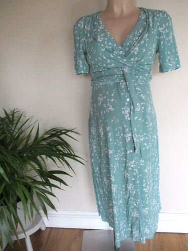 SERAPHINE MATERNITY & NURSING GREEN & WHITE PRINT WRAP MIDI DRESS SIZE 8 NEW