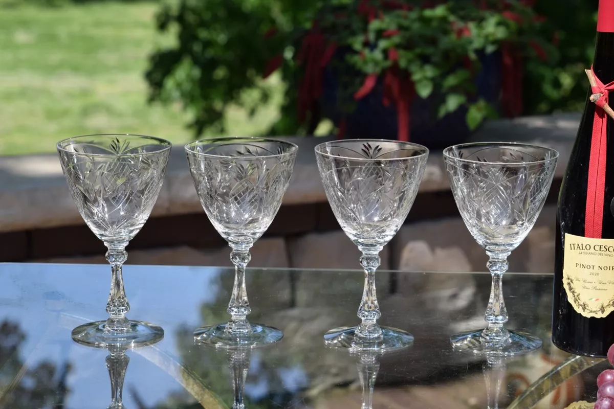 Wine Glass Set, Etched Cut Stemware Lot, Set of 4 Glasses, Etched