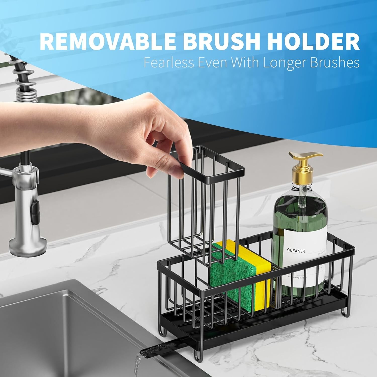 Black Sponge Holder for Kitchen Sink, Sink Caddy Organizer with High Brush Holde