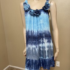 Women’s Blue Polyester Casual Layered Flower Ruffle Straps Size S Dress Sundress