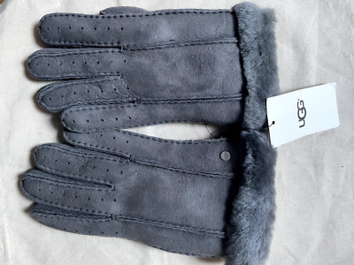 UGG L Large Grey shearling fur leather winter gloves NEW w Tags