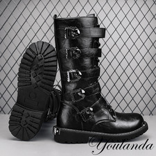 Motorcycle Boots Mens Knee High Boots Buckles Round Toe Lace Up Shoes Workwear