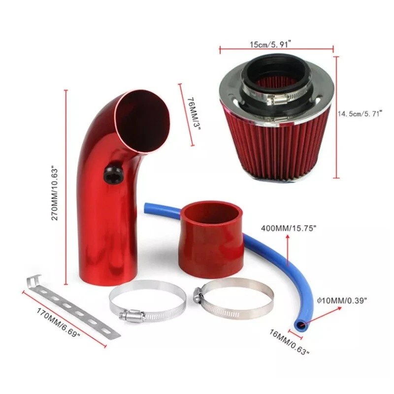 Kit de inducción de filtro de admisión de aire frío para automóvil rojo Sistema de manguera de flujo de alimentación de tubería y 76 mm Foto 3 de 4