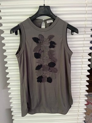 Brunello Cucinelli Top XS Baumwolle Seide Blumenapplikationen Made Italy Neu