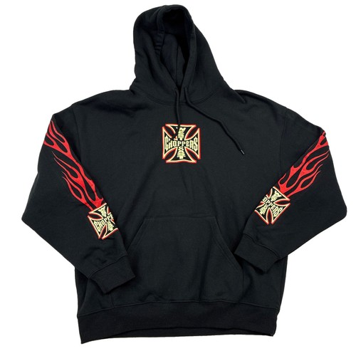 West Coast Choppers Vintage Y2K Flame Cross Logo Black Hoodie Size L
