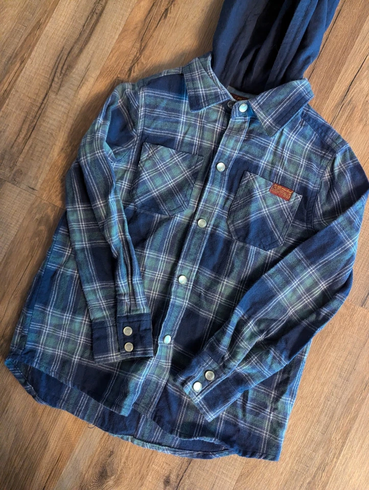 Толстовка с капюшоном 7 For All Mankind для мальчиков клетчатая синяя и зеленая фланелевая размер 5 - Изображение 2 из 4