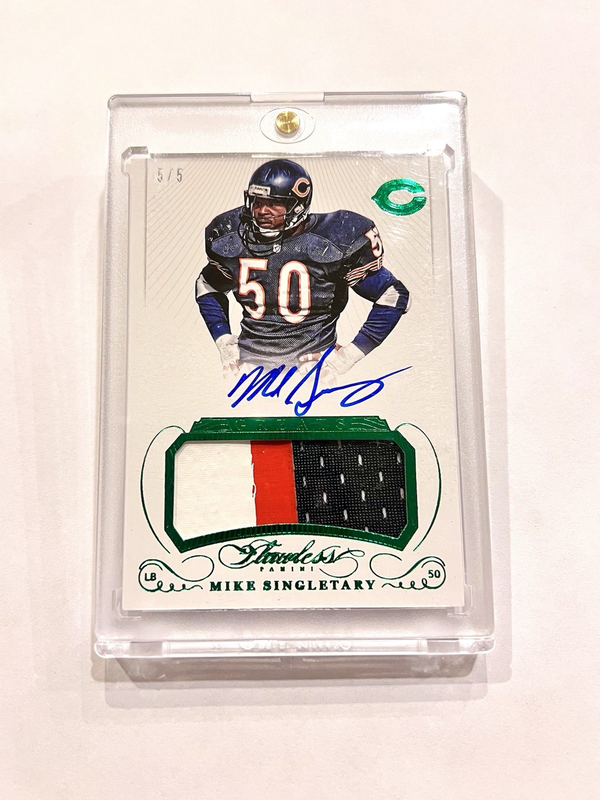 2015 Flawless Greats Jersey Patch Auto Mike Singletary Emerald /5 Game Used