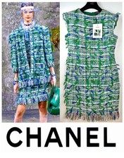 New Chanel 2018 Green Tweed Lesage Ribbon Mini Shift Dress 40 42 4 6 Logo M L