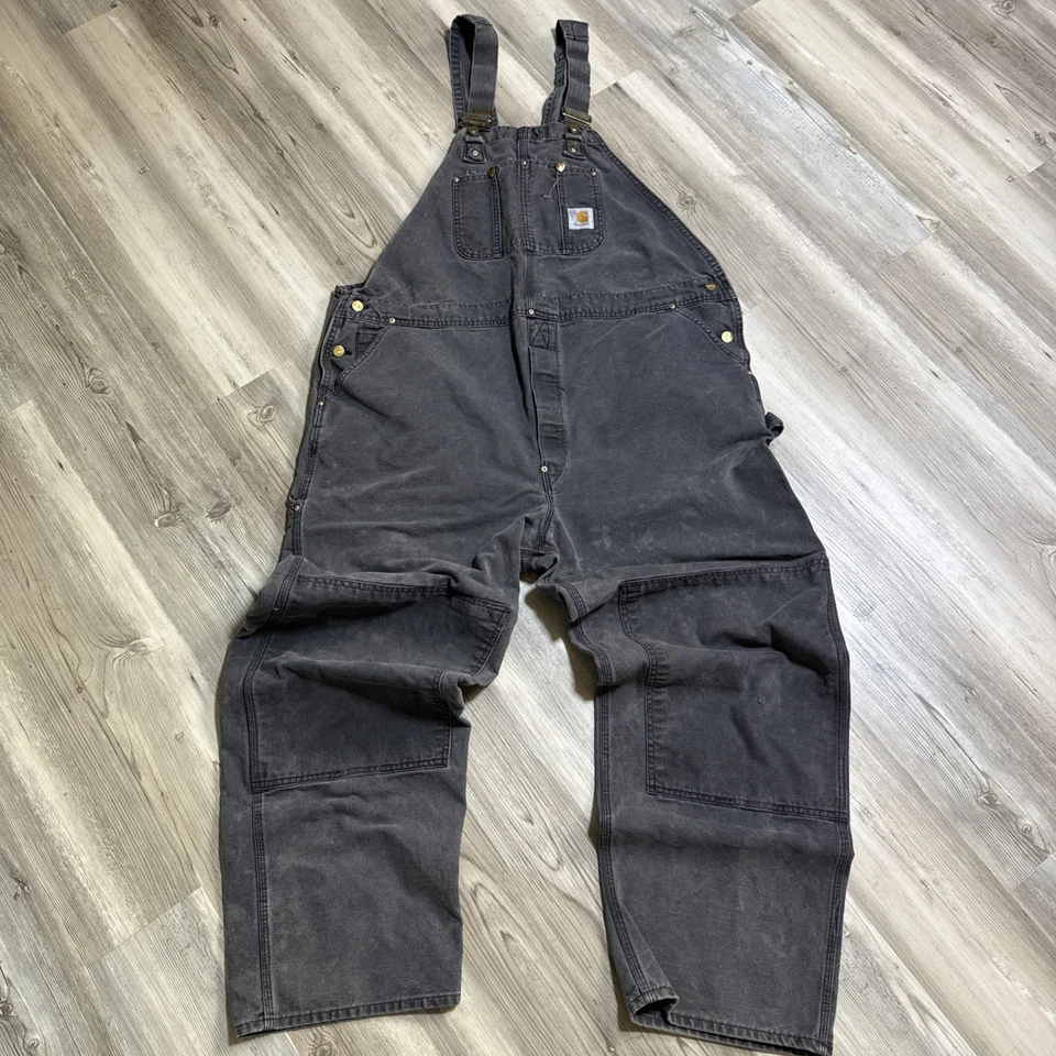 VINTAGE Carhartt Bibs Overalls Gray Mens Double Knee Canvas WORN Grunge Workwear - Image 2 of 4