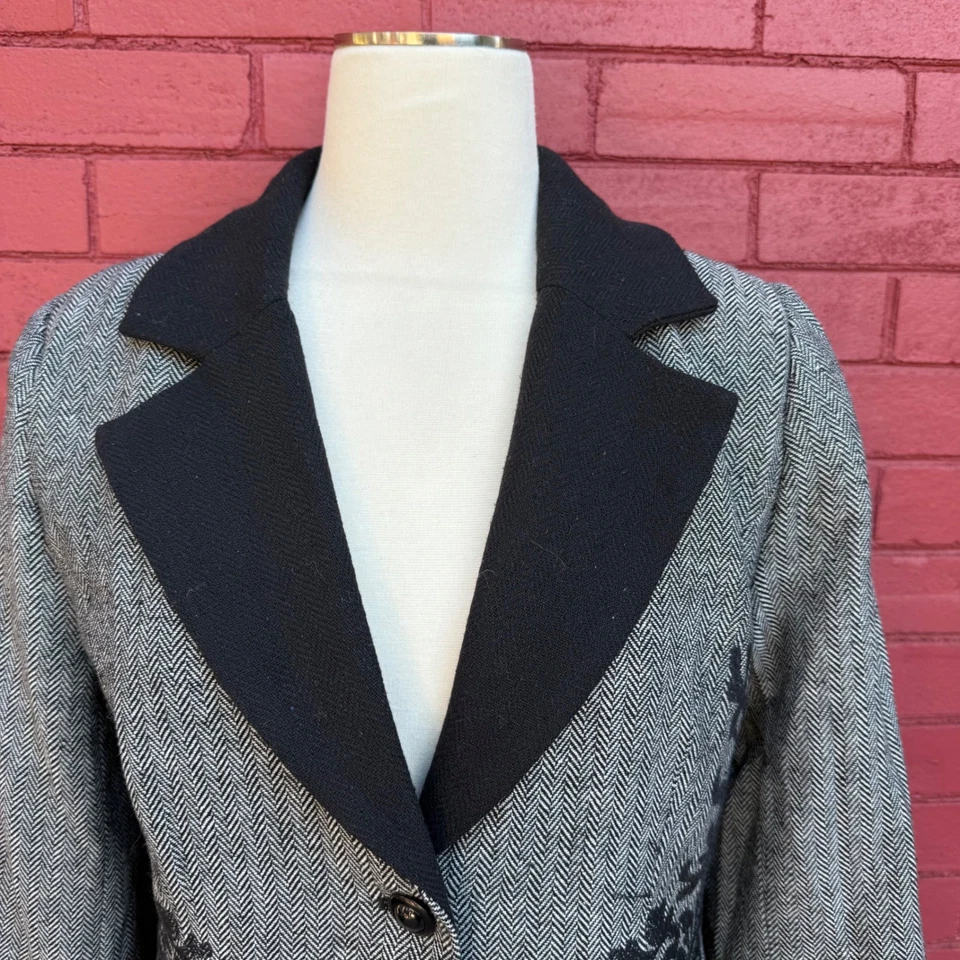 Blazer feminino meia-noite veludo preto floral tweed espanador tamanho M bordado - Imagem 3 de 4
