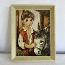 Vintage Big Eyes Boy With Donkey Framed Print 8x6” Plastic Frame Dallas Simpson