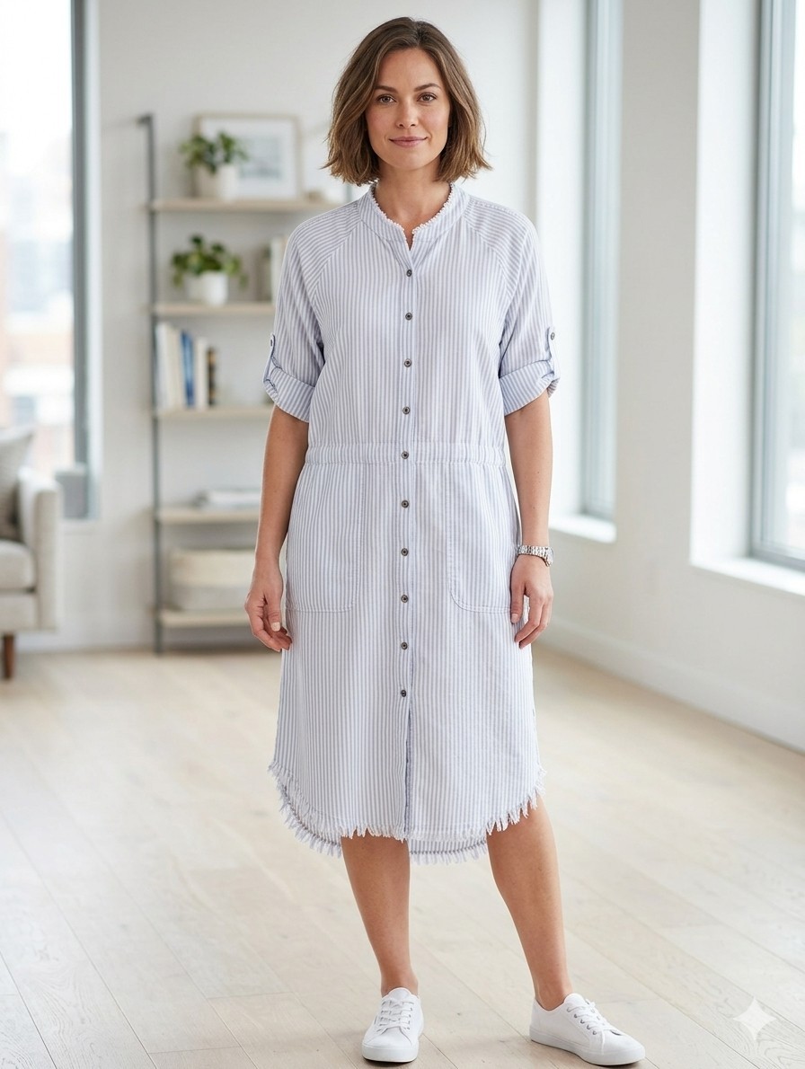 Judith March Blue & White Striped Frayed Hem Roll-Tab Sleeve Tunic Dress Size S