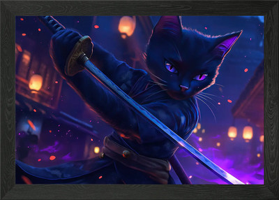 Schwarze Katze Samurai gerahmtes Wandbild Poster Leinwanddruck Bild