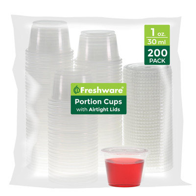 Freshware Plastic Portion Cups with Lids [1 Ounce, 200 1 oz - 200 sets, Clear