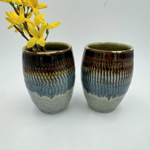 Marked “GP” Studio Pottery Set of (2) Blue & Brown Striped Handmade Cups 4”H 9oz