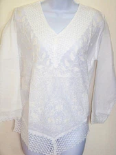  White Cotton Embroidered Tunic Top Kurti  Lace V Neck from India