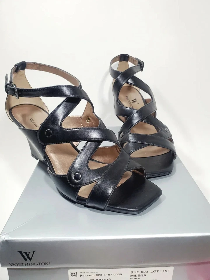 NIB WORTHINGTON MILENA Sz 7 Womens Black Strappy Wedge Sandals Shoes Square Toe - Image 2 of 4