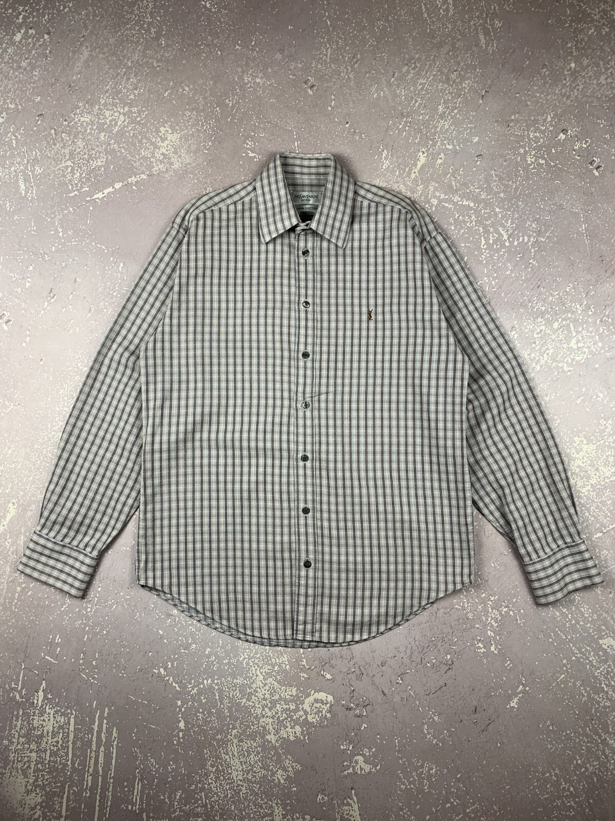 SAINT LAURENT Camicia vintage anni '90 Yves Saint Lauren YSL cotone a scacchi abbottonata uomo M marrone