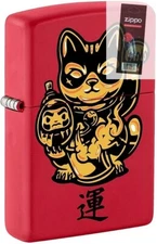 Zippo 08266 Lucky Cat Maneki Neko Red Matte Lighter + FLINT PACK