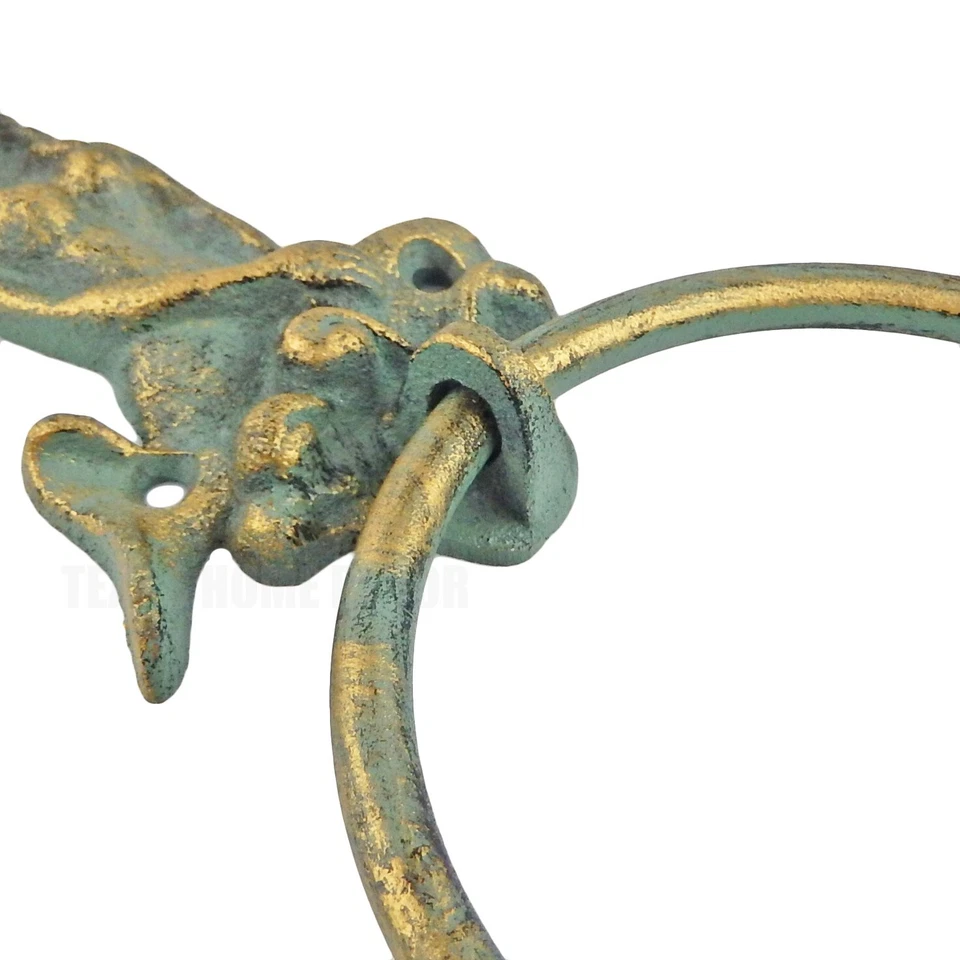 Anillo Toalla Sirena Sentada Montado en la Pared Hierro Fundido Oro Verde Bronce Antiguo 9" Foto 3 de 3