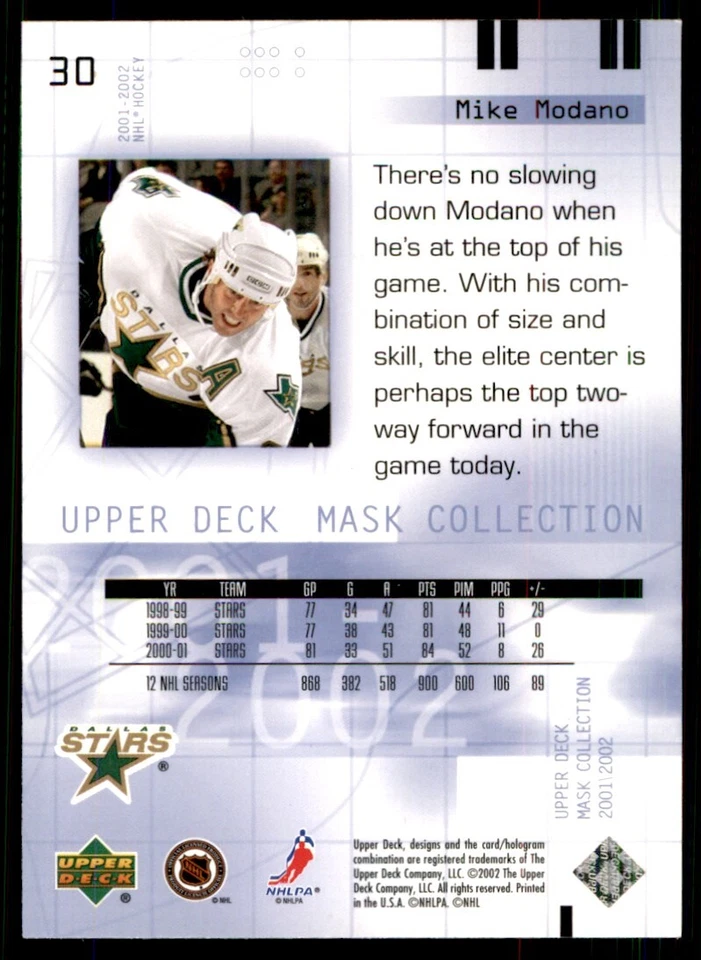 2001-02 Upper Deck Mask Collection Mike Modano Dallas Stars #30 - Image 2 of 2