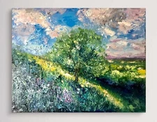 Original Summer Landscape Oil Painting – Textured Impasto Trees and Fields