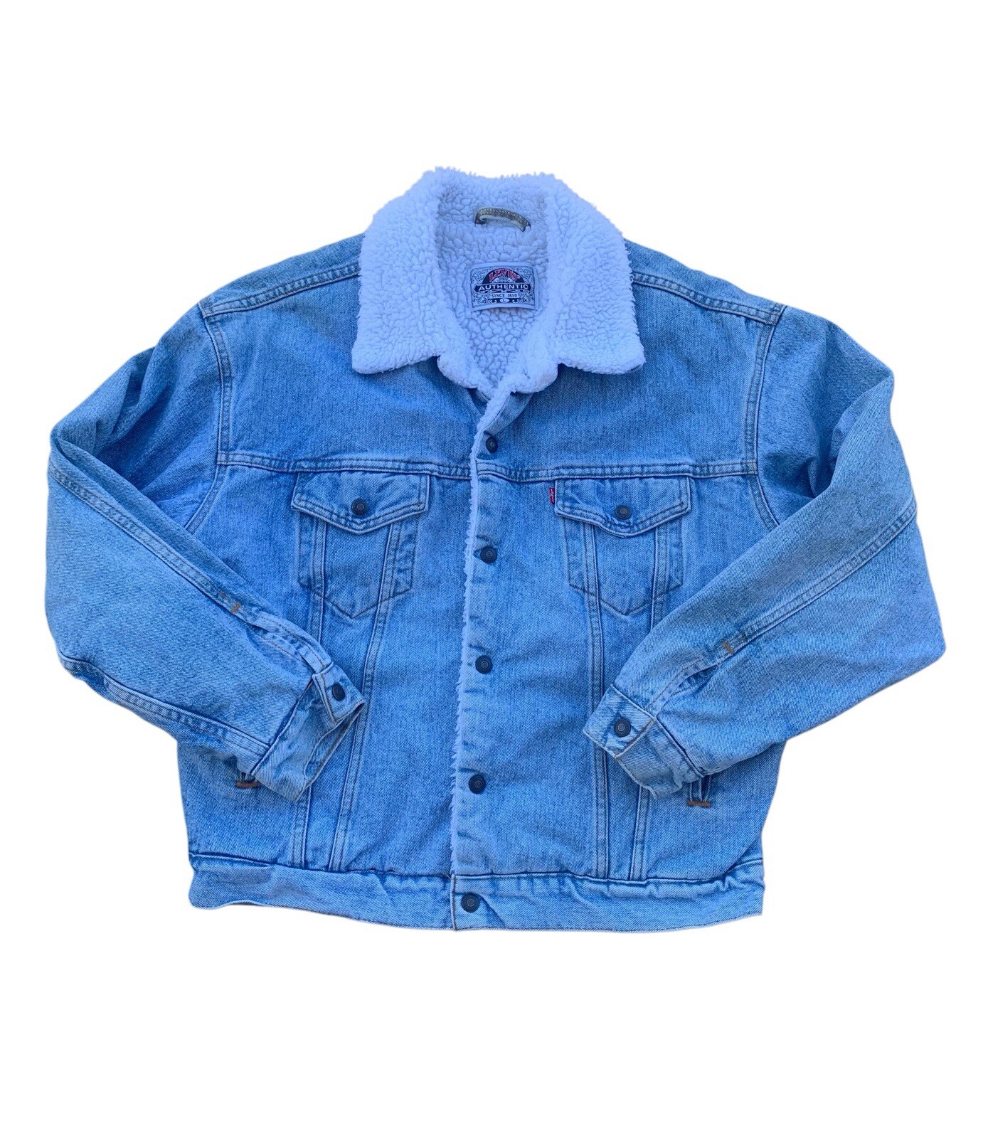 Vintage 80s 90s Levi’s Light Blue Wash Denim Sherpa Trucker Jacket Size Large