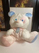 Fisher Price 1988 Puffalump Puppy Dog Pink Blue White Baby Rattle Plush Vtg