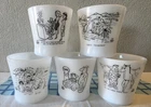 5 Glasbake Parts Pups Cartoon Comic Mugs White Milk Glass Vintage Coffee Cups